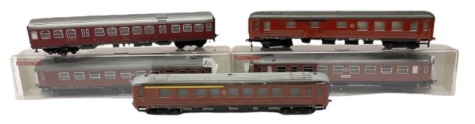 Fleischmann 'H0/00' gauge - two Stockholm coaches in hard plastic boxes; another similar unboxed coa