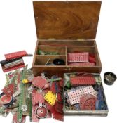 Meccano - wooden box containing a quantity of predominantly red/green playworn sections