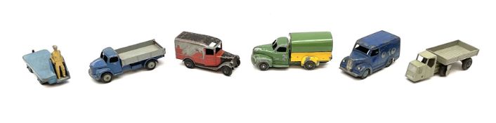 Dinky - six unboxed and playworn early die-cast commercial vehicles including French made Studebaker