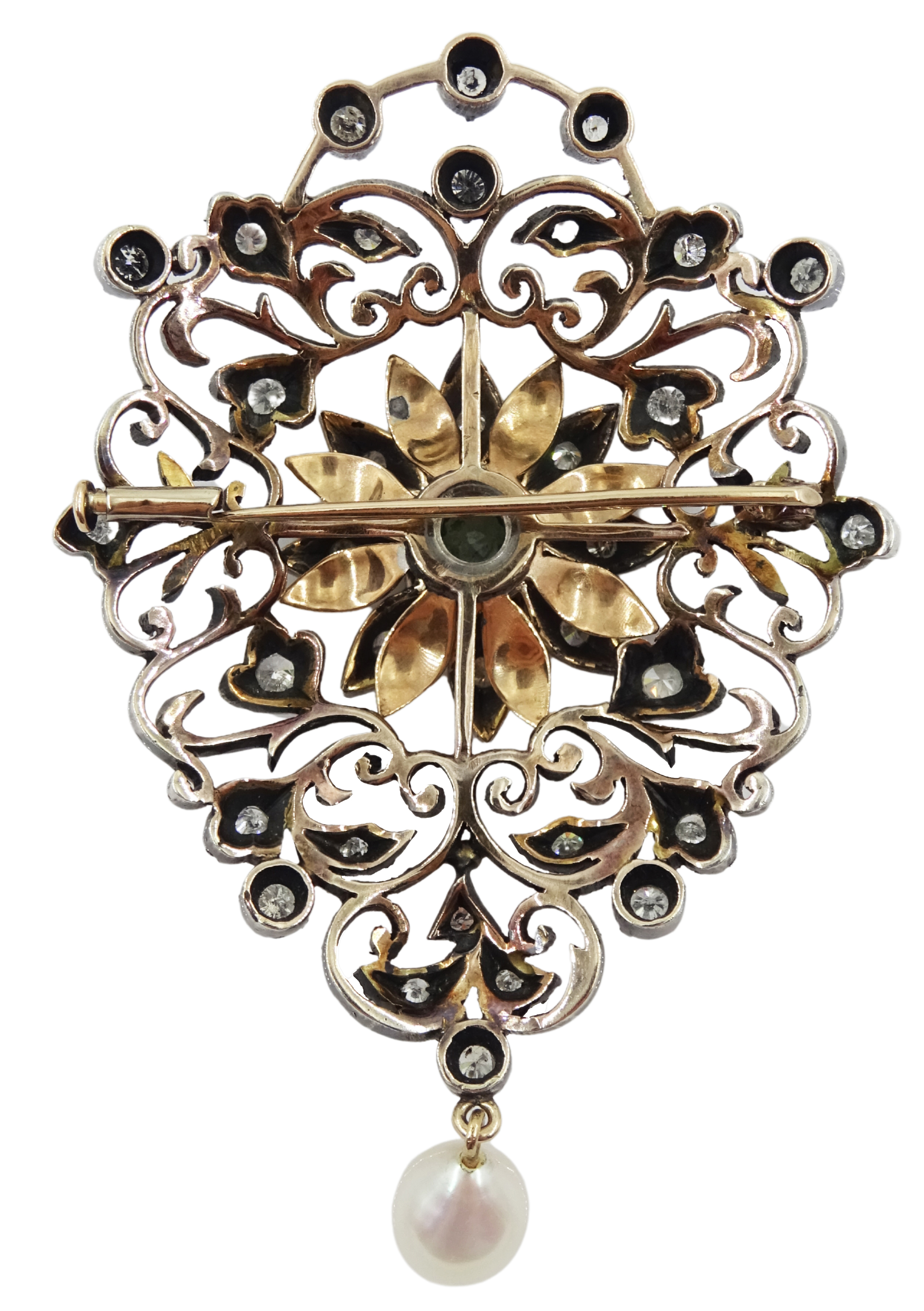 20th century silver and gold diamond foliate and scroll open work brooch - Image 3 of 4