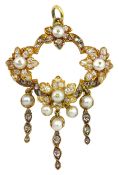 19th century 18ct gold pearl and diamond foliate pendant