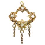 19th century 18ct gold pearl and diamond foliate pendant