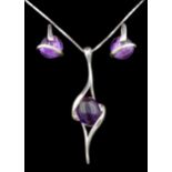 Silver amethyst pendant necklace and similar pair of silver earrings