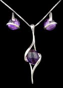 Silver amethyst pendant necklace and similar pair of silver earrings