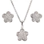 White gold diamond flower cluster pendant necklace and pair of matching stud earrings