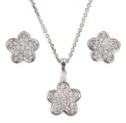 White gold diamond flower cluster pendant necklace and pair of matching stud earrings