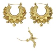Pair of 9ct gold hoop earrings and a 14ct gold bird pendant