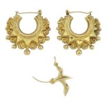 Pair of 9ct gold hoop earrings and a 14ct gold bird pendant