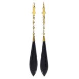 Pair of gold black onyx and seed pearl pendant earrings