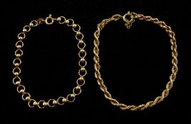 Gold circular link bracelet and a gold rope twist bracelet