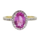 18ct gold oval pink sapphire and diamond halo cluster ring