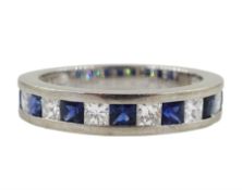 18ct white gold princess cut diamond and sapphire three quarter eternity ring