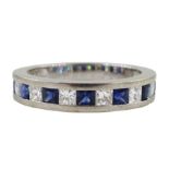 18ct white gold princess cut diamond and sapphire three quarter eternity ring