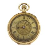 Early 20th century gold open face ladies keyless cylinder fob watch