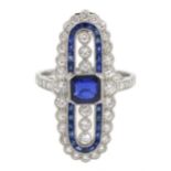 Platinum sapphire and diamond oval panel ring