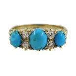 Gold three stone cabochon turquoise and four stone diamond ring