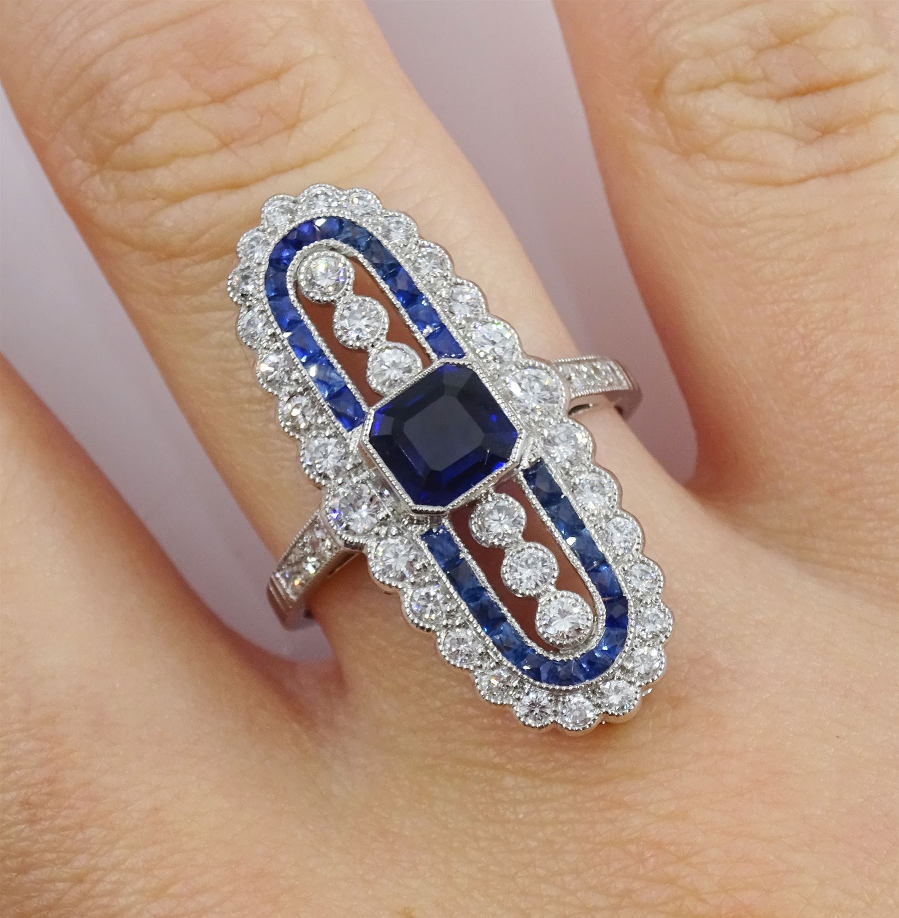 Platinum sapphire and diamond oval panel ring - Image 2 of 4