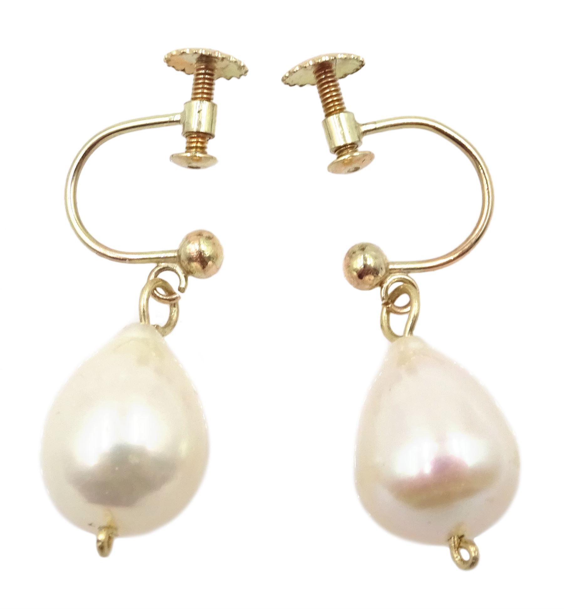 Pair of gold white/pink cultured pearl pendant screw back earrings