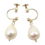 Pair of gold white/pink cultured pearl pendant screw back earrings