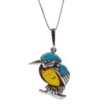 Silver turquoise and Baltic amber kingfisher pendant necklace