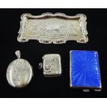 Silver blue guilloche enamel match case holder by William Neale