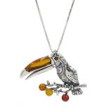 Silver Baltic amber toucan pendant necklace