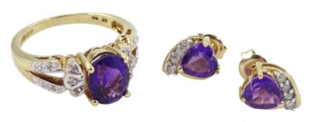Gold amethyst and diamond ring and pair of similar heart stud earrings