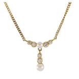 18ct gold five stone diamond and two stone pearl pendant necklace