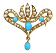 Art Nouveau gold cabochon turquoise and split seed pearl bar brooch