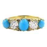 Gold five stone old cut diamond and cabochon turquoise ring