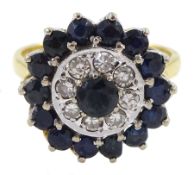 Gold round sapphire and diamond circular cluster ring