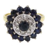 Gold round sapphire and diamond circular cluster ring