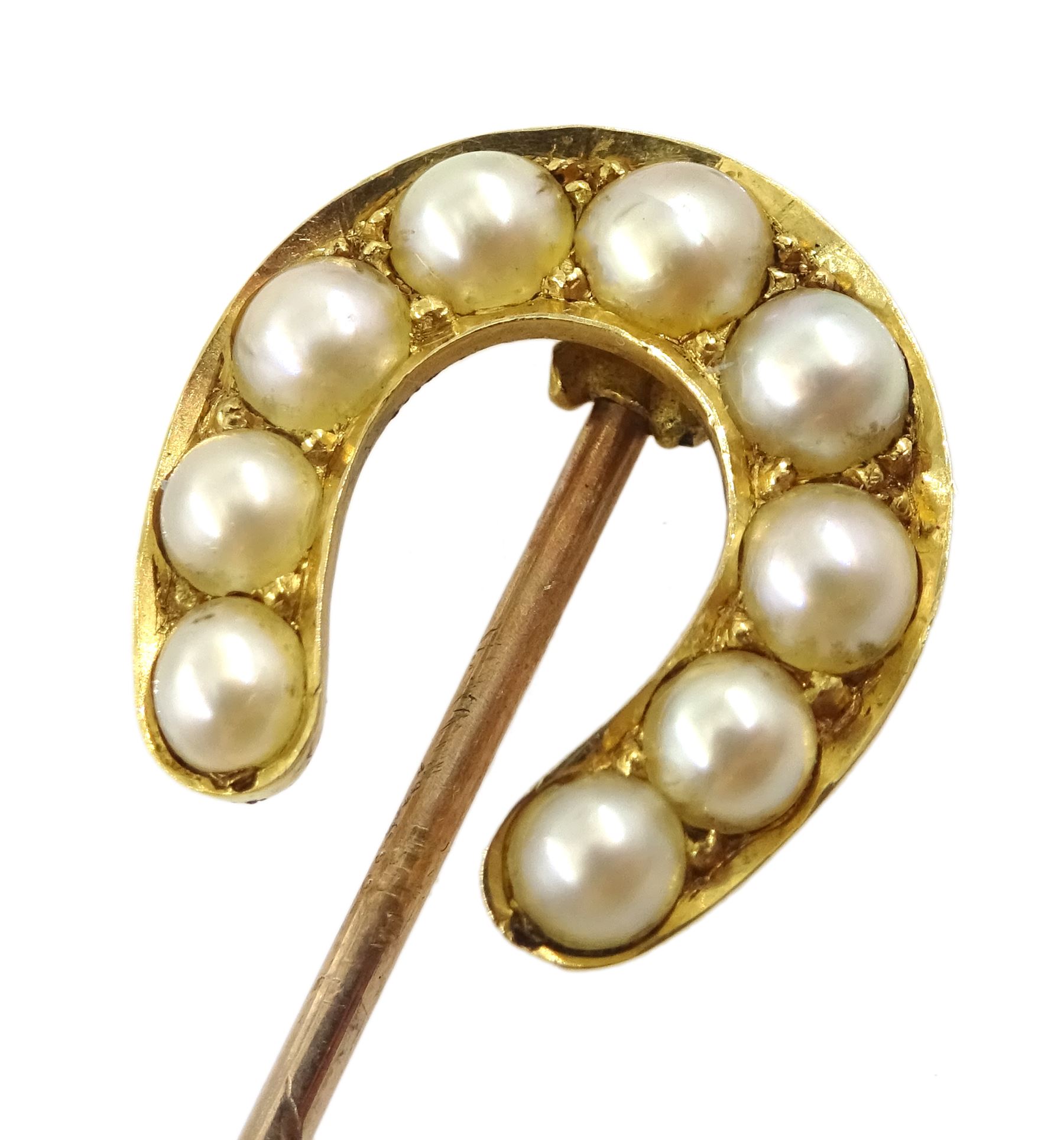 Gold two row cabochon turquoise ring and a gold split pearl horseshoe pin the reverse later inscribe - Image 3 of 4