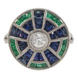 Platinum diamond sapphire and emerald target ring