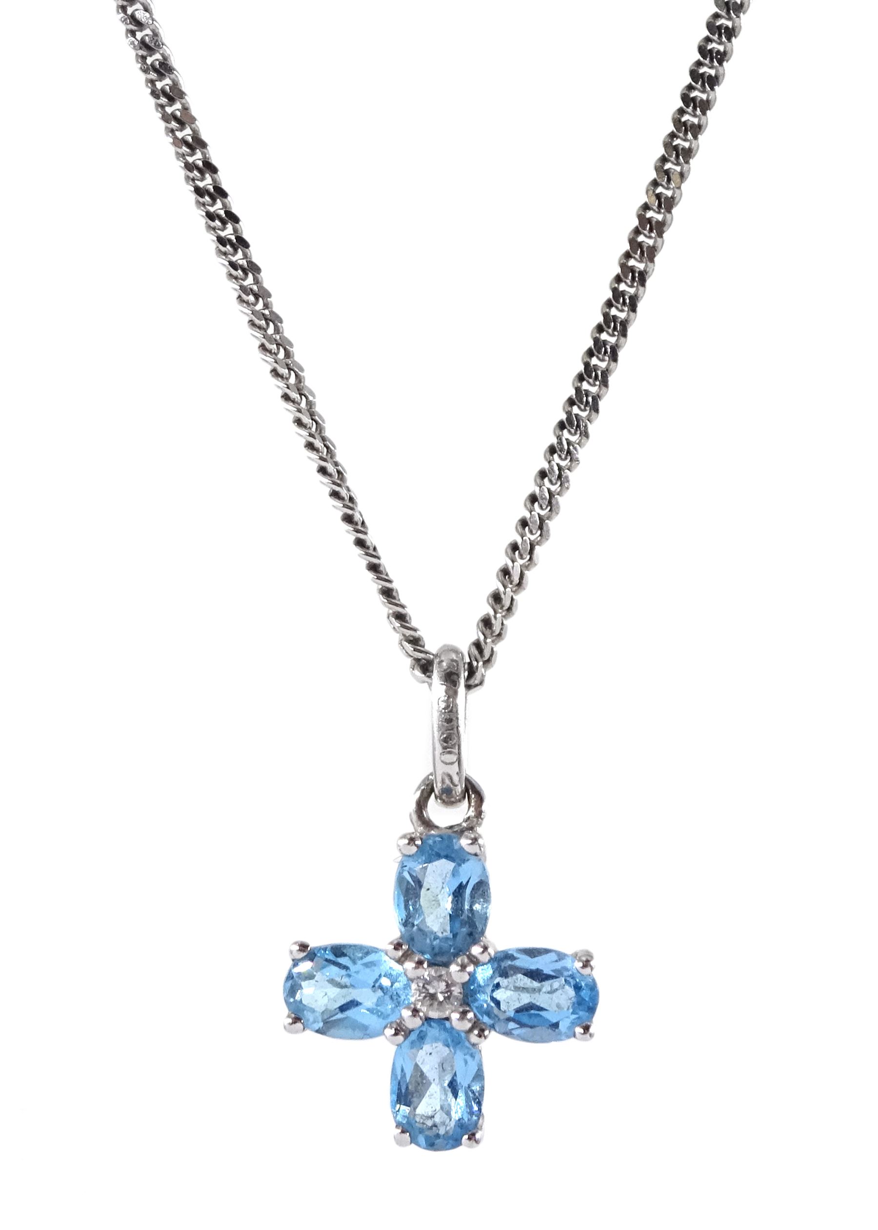 9ct white gold diamond blue topaz cross pendant necklace