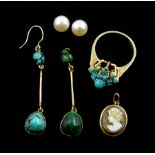 Pair of gold turquoise pendant earrings