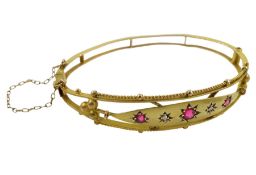 Edwardian gold diamond and pink stone set bangle