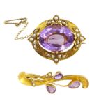 19th/ early 20th century 15ct gold oval amethyst and split pearl brooch and an Edwardian 15ct amethy