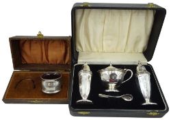 Silver three piece cruet set with engraved initial 'C' by Viner's Ltd