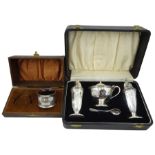 Silver three piece cruet set with engraved initial 'C' by Viner's Ltd