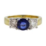 18ct gold three stone round sapphire and diamond ring