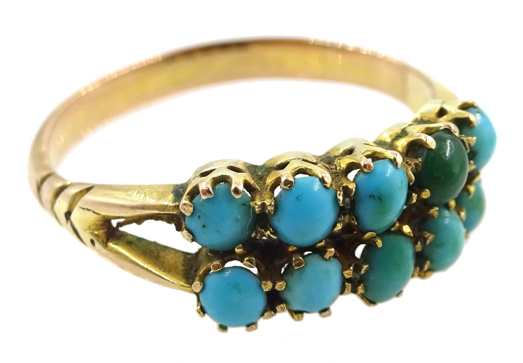 Gold two row cabochon turquoise ring and a gold split pearl horseshoe pin the reverse later inscribe - Image 2 of 4