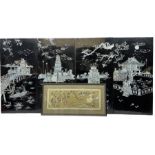 Set of four Japanese black lacquer and mother of pearl inlaid wall plaques (H79cm W39.5cm)