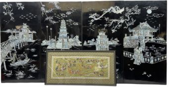 Set of four Japanese black lacquer and mother of pearl inlaid wall plaques (H79cm W39.5cm)