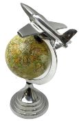 Art Deco style world globe with chrome aeroplane finial and mounts