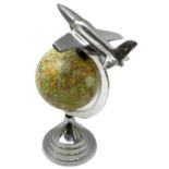 Art Deco style world globe with chrome aeroplane finial and mounts
