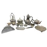 Metal ware and silver plate including cruet stand enclosing two glass bottles with stoppers