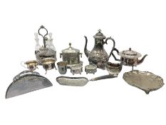 Metal ware and silver plate including cruet stand enclosing two glass bottles with stoppers