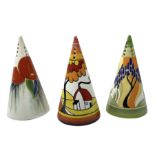 Three Wedgwood limited edition Clarice Cliff Design sugar sifters of conical form