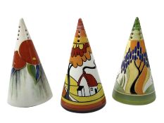 Three Wedgwood limited edition Clarice Cliff Design sugar sifters of conical form